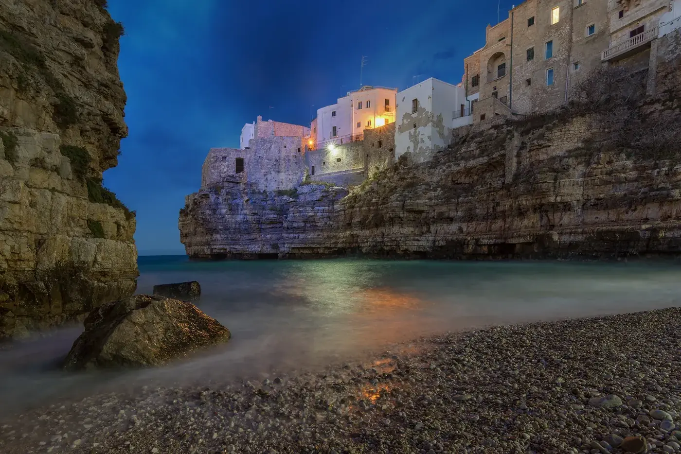 Lama Monachile cove in Polignano a Mare at blue hour