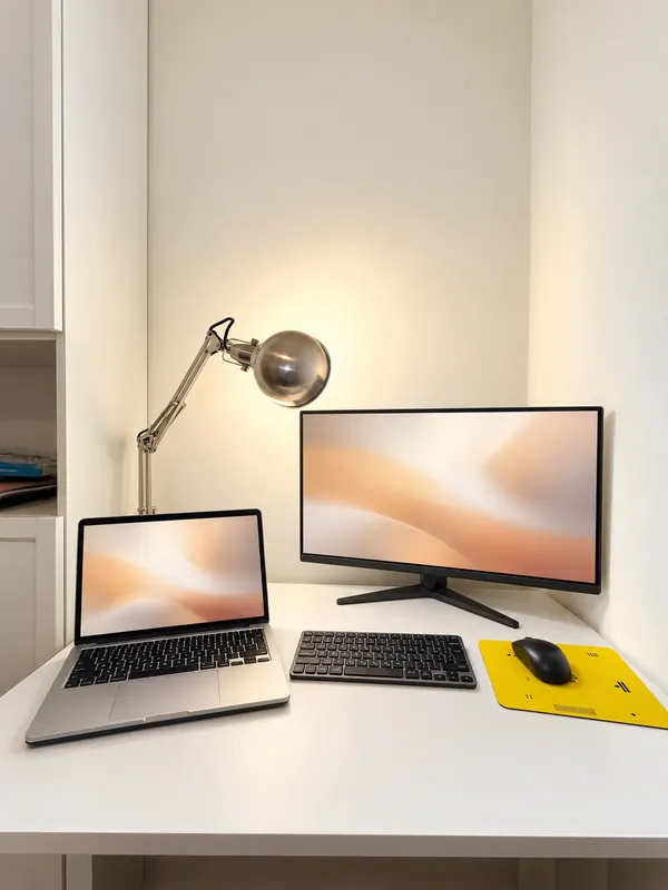 Work desk with a 27-inch monitor at BDS House