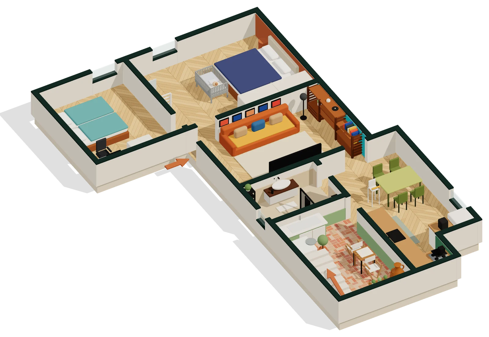 3D floor plan of BDS House, holiday apartment in Brindisi: kitchen, living room, double bedroom, twin room, bathroom and terrace